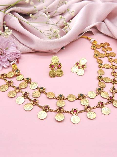 Antique gold plated Lakshmi coin necklace set with ruby and emerald accents – South Indian temple jewelry USA – Joyrias