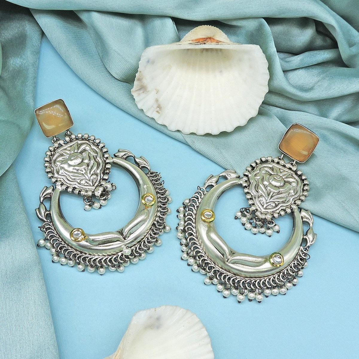 Yellow stone silver plated boutique earrings – Indian oxidized earrings for Navratri – Joyrias