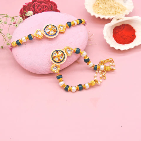 Pearl & Green Kundan Bhaiya Bhabhi Rakhi Set