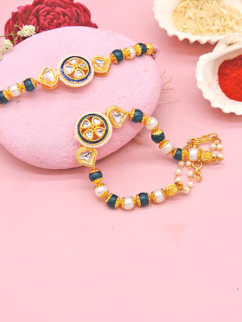 Pearl & Green Kundan Bhaiya Bhabhi Rakhi Set