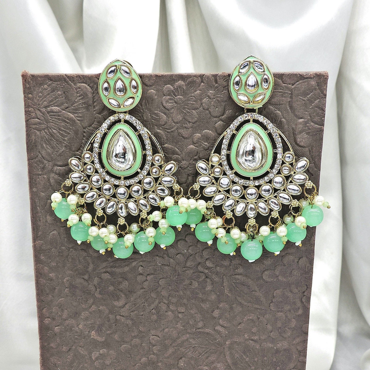 Polki earrings in mint green beads – Indian Polki earrings for weddings USA – Joyrias