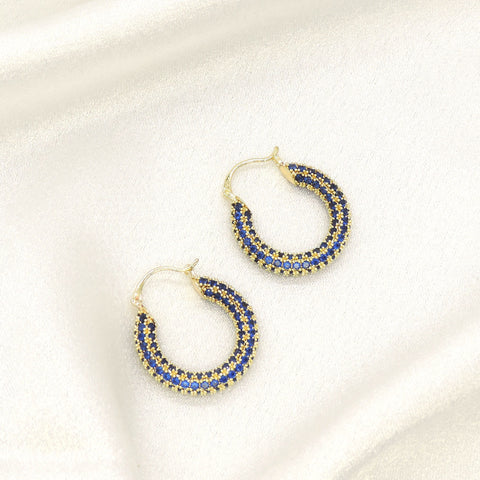 Elegant blue accent stone imitation hoop earrings with gold finish