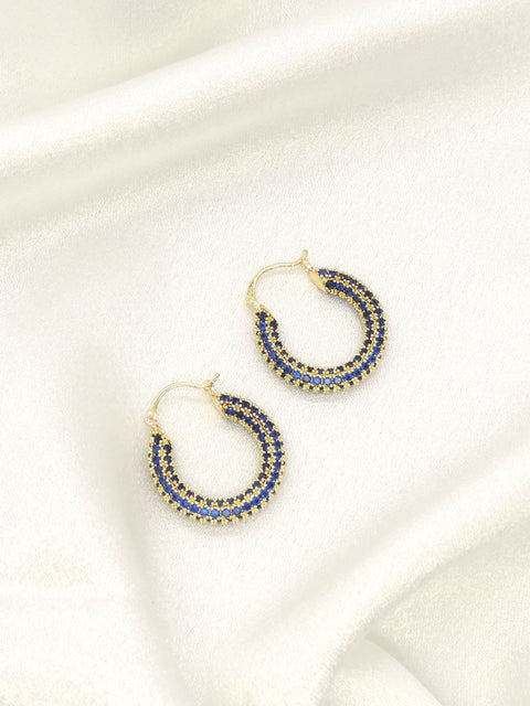 Elegant blue accent stone imitation hoop earrings with gold finish