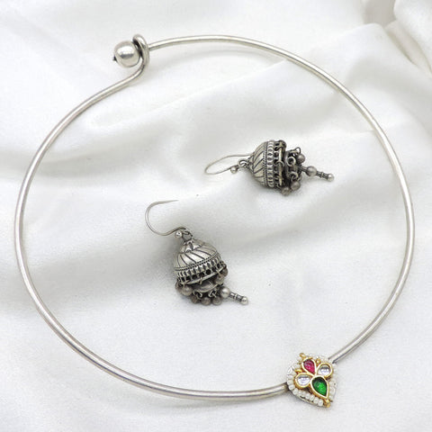Oxidized silver Hasli heart pendant choker set with matching jhumka earrings by joyrias