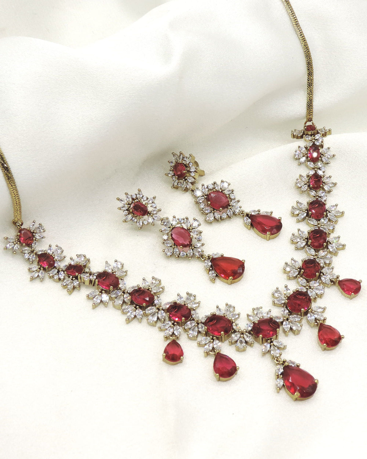 Ruby CZ Drop Necklace Set with Earrings by Joyrias