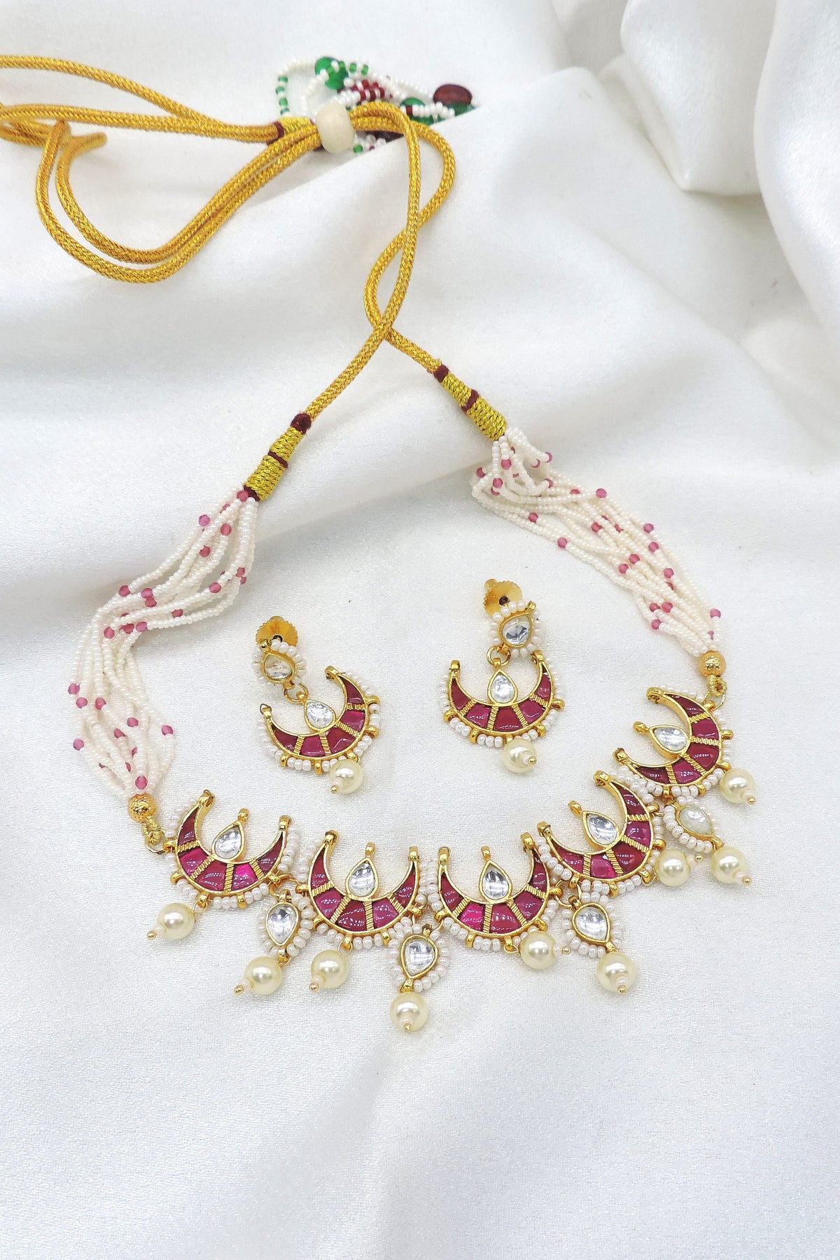 Green Kundan Crescent Pearl Choker Set