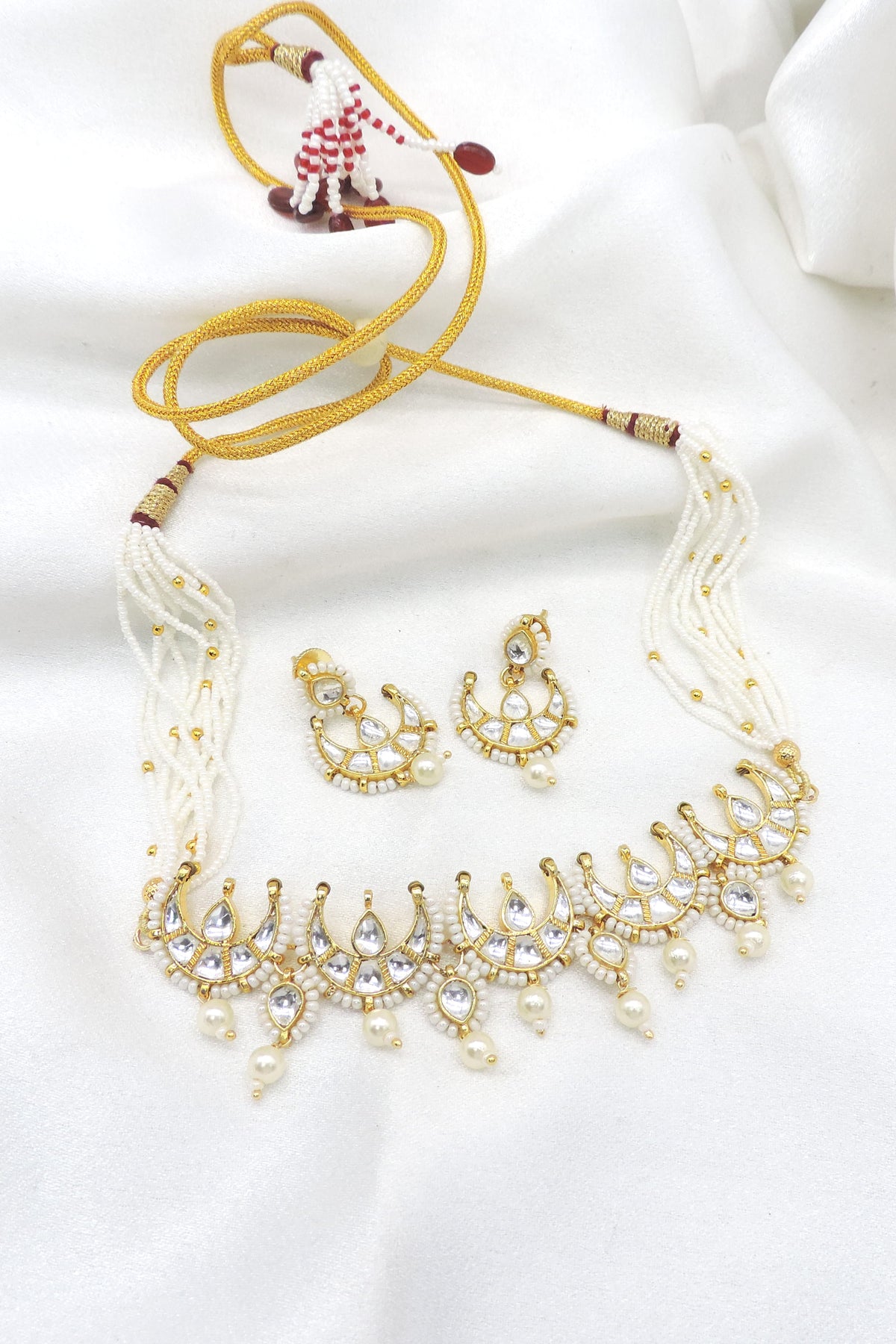 Green Kundan Crescent Pearl Choker Set