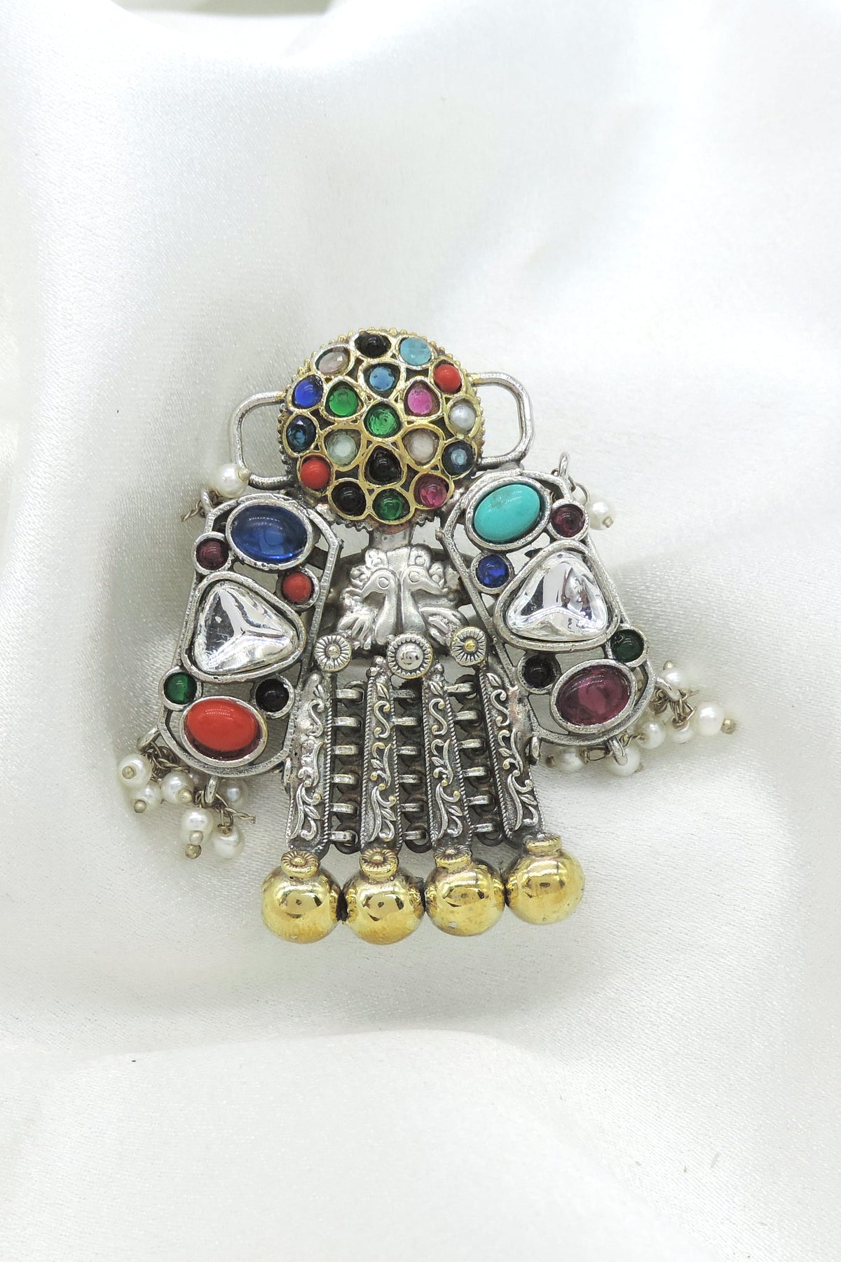 Regal Oxidized multicolor CZ ring with pearl accents and intricate traditional detailing from joyrias
