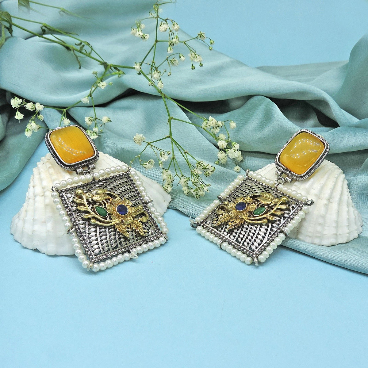 Square silver tone earrings variant 2 – Indian oxidized earrings USA – Joyrias