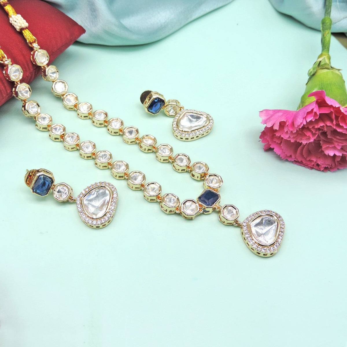 Kundan Necklace Set with Blue Stone Accents & Matching Earrings Image 0