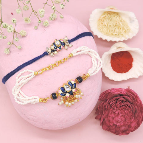 Royal Blue Lotus Bhaiya Bhabhi Rakhi Set by Joyrias