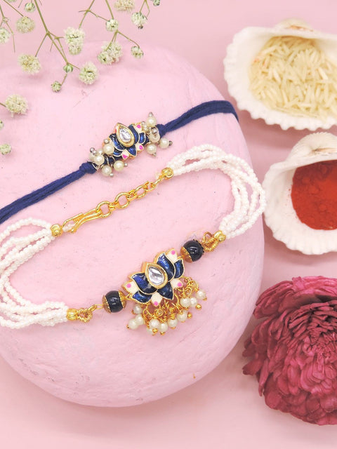 Royal Blue Lotus Bhaiya Bhabhi Rakhi Set by Joyrias