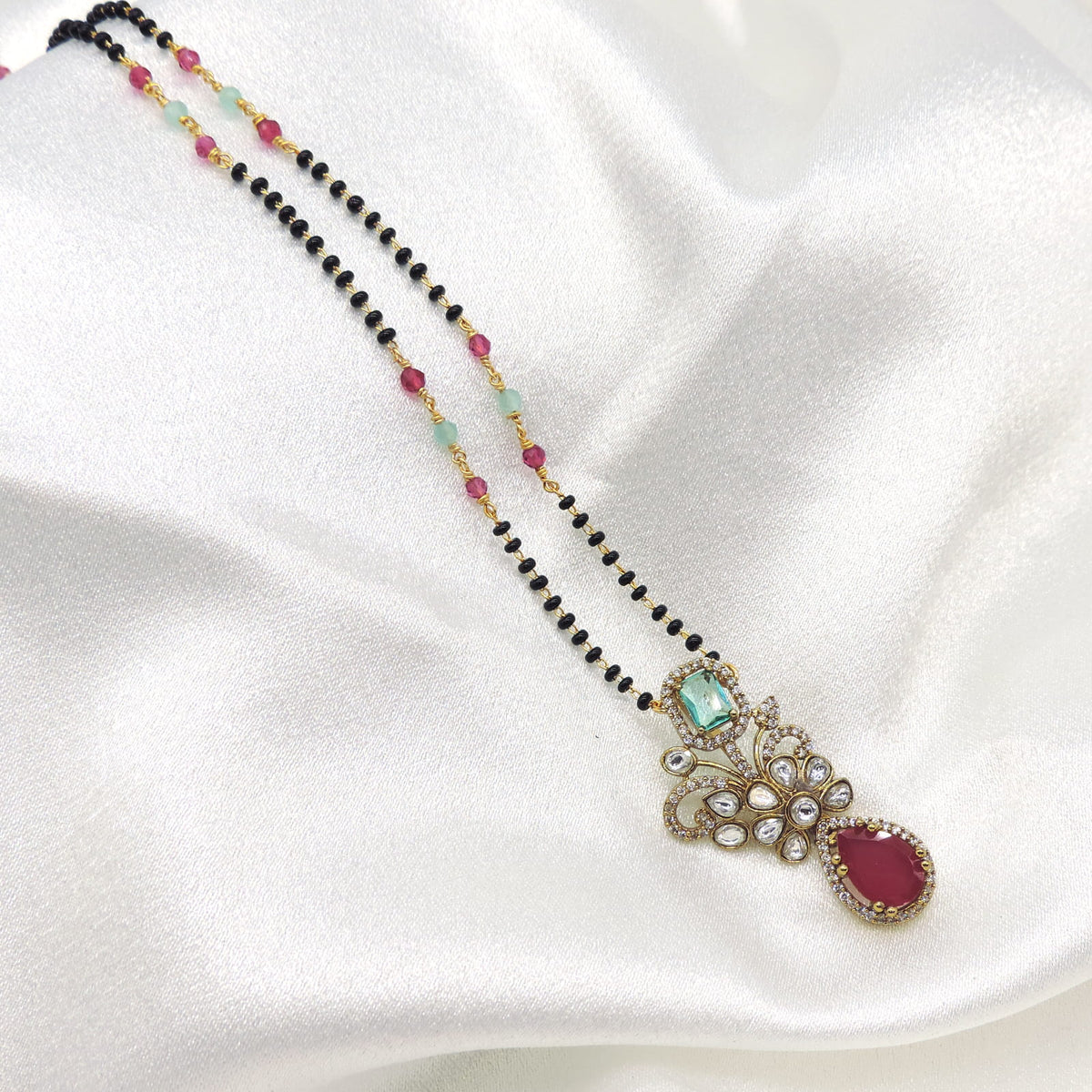 Designer Polki Mangalsutra Pendant with Ruby Drop & Emerald Accent