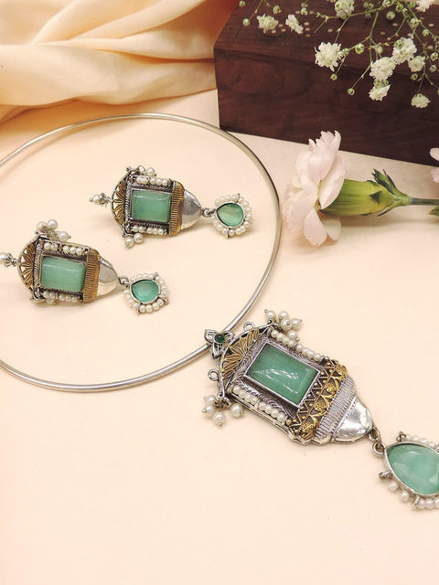 Hasli mint green stone pendant necklace set – Indian oxidized hasli necklace with earrings USA – Joyrias