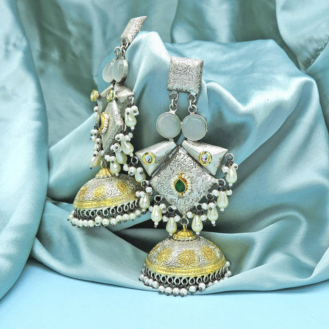 Grey color silver plated jhumka with Monalisa stone – Indian jhumka earrings USA – Joyrias