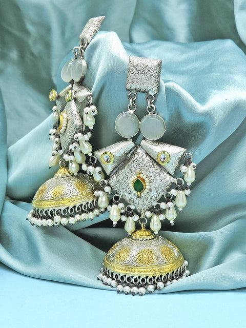 Grey color silver plated jhumka with Monalisa stone – Indian jhumka earrings USA – Joyrias