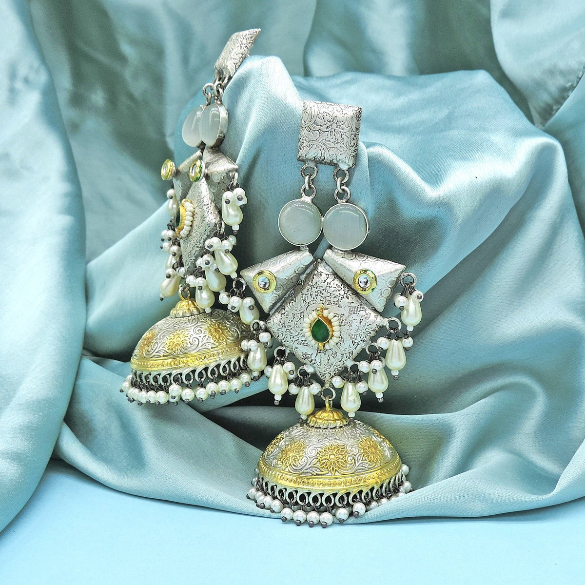 Grey color silver plated jhumka with Monalisa stone – Indian jhumka earrings USA – Joyrias