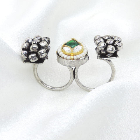 Oxidized silver green pearl double finger traditional ring by joyrias