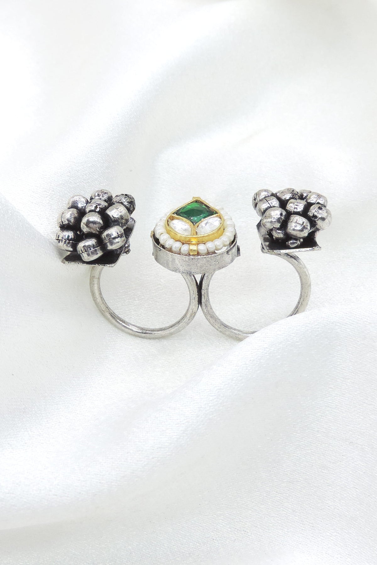 Oxidized silver green pearl double finger traditional ring by joyrias