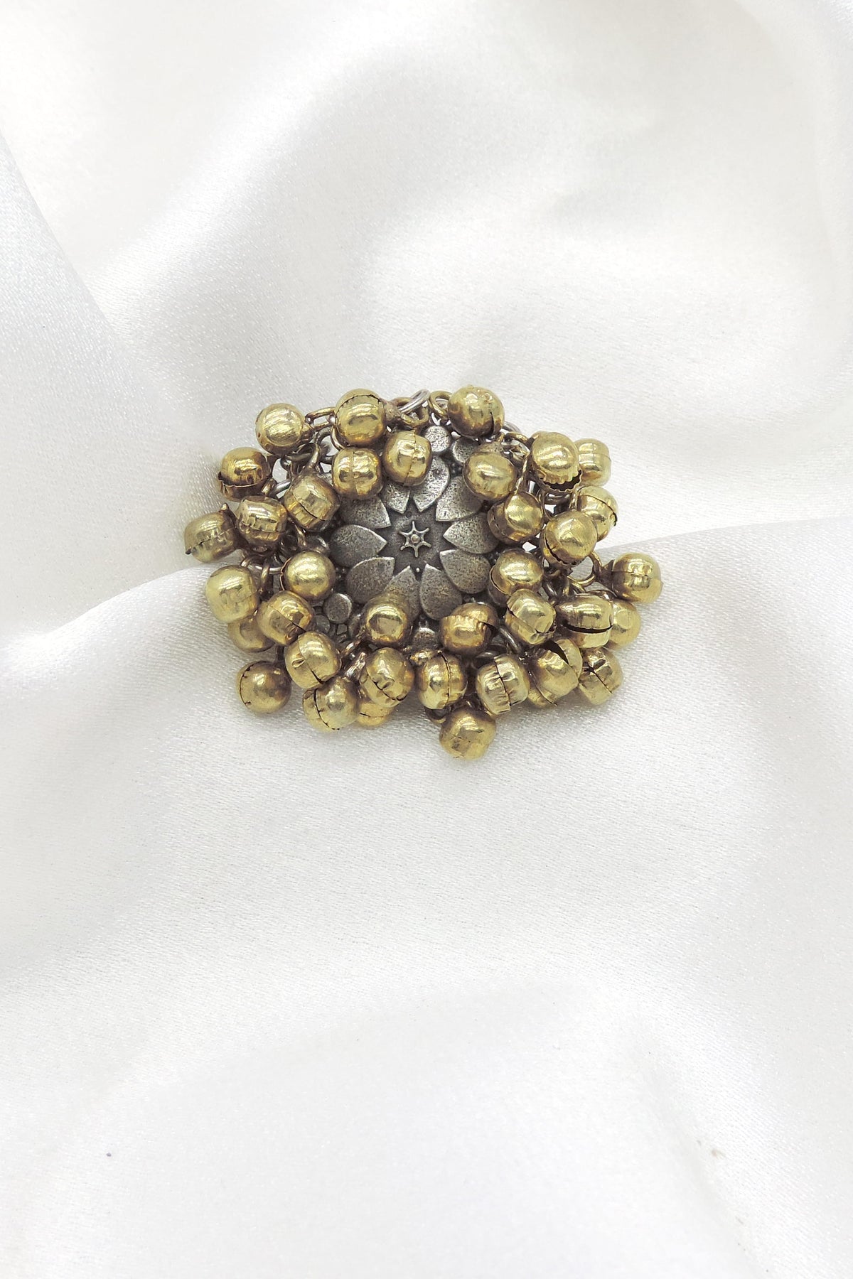 Oxidised antique floral ring with layered bead detailing from joyrias