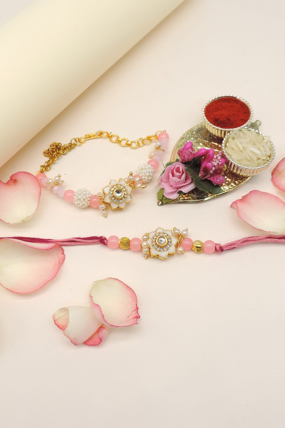 Floral Meenakari Kundan Bead Bhaiya Bhabhi Rakhi Set