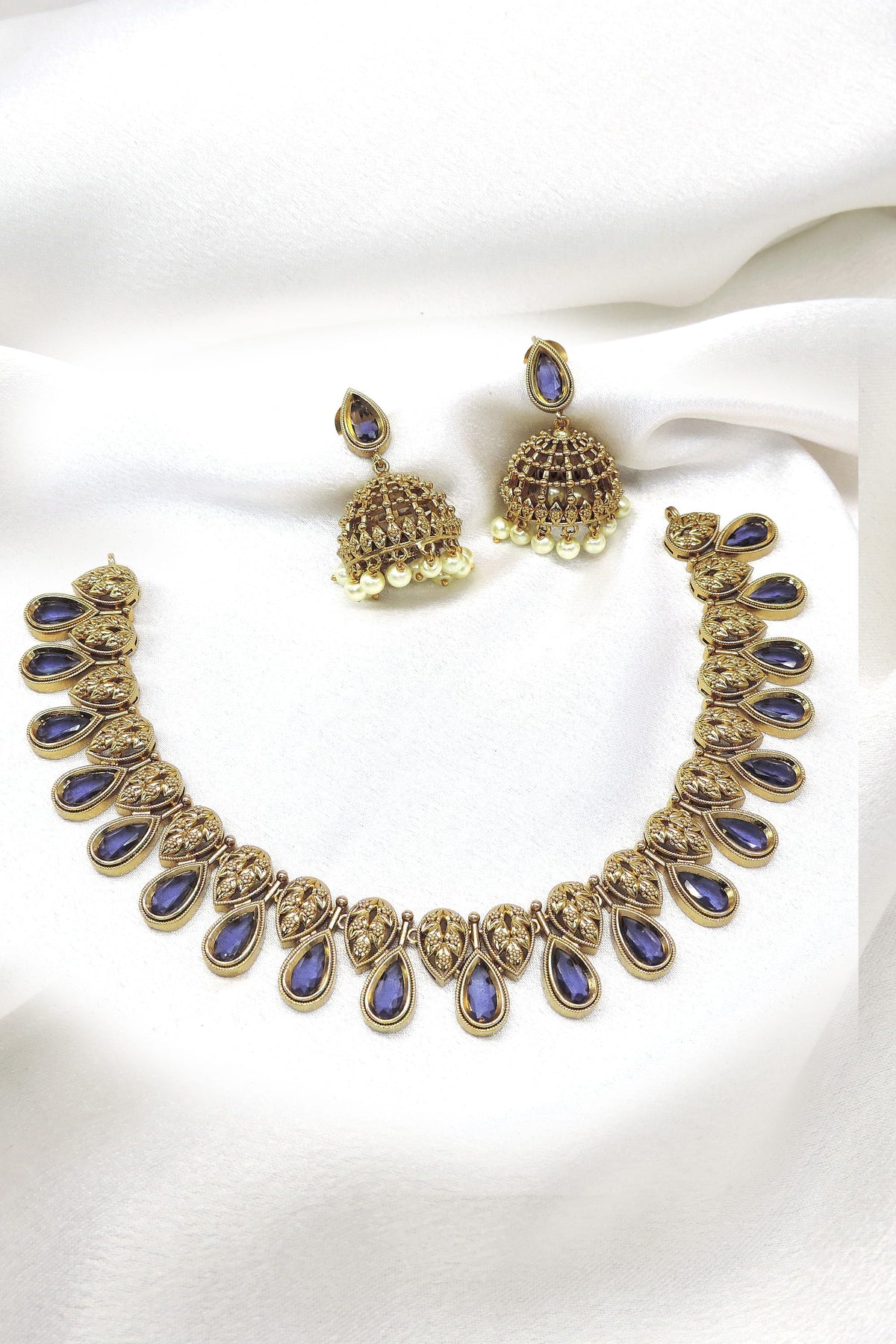 Purple stone jhumka necklace set with matching earrings by Joyrias