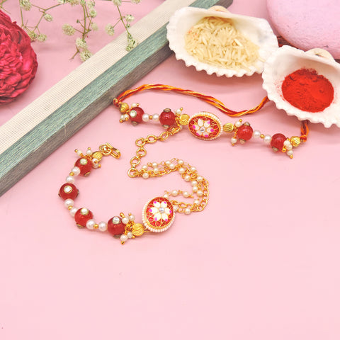 Pink Floral Meenakari Bhaiya Bhabhi Rakhi Set