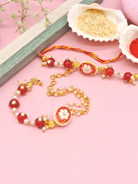 Pink Floral Meenakari Bhaiya Bhabhi Rakhi Set