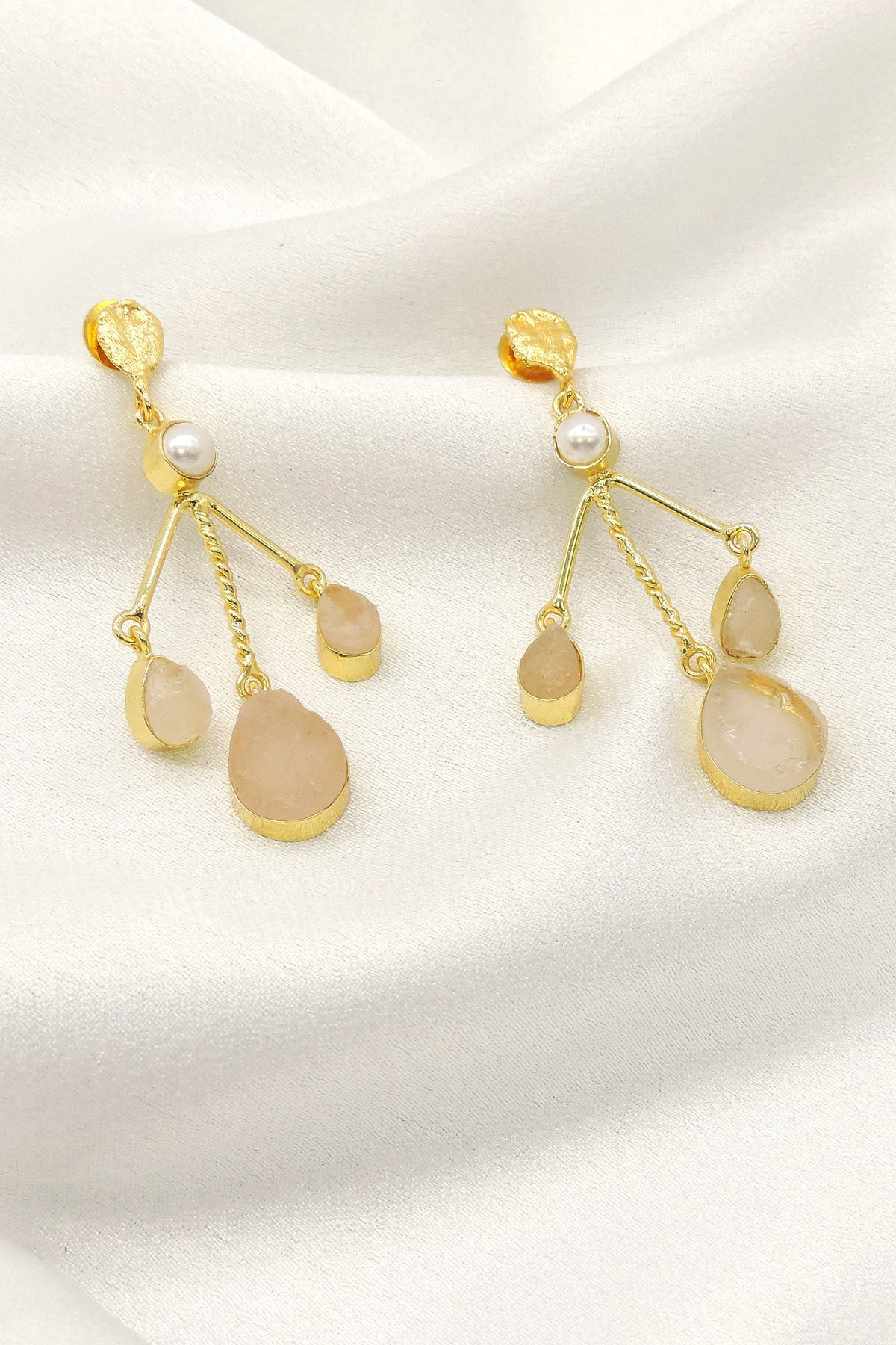 Multi Stone Drop Earrings with Pearl | Natural Gemstone Statement Earrings