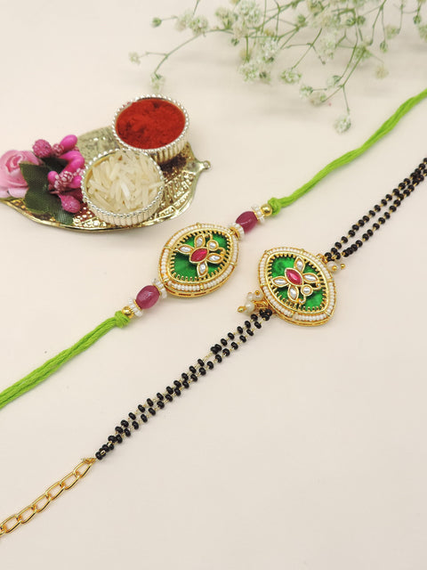 Kundan Maroon Enamel Pearl Bhaiya Bhabhi Rakhi Set