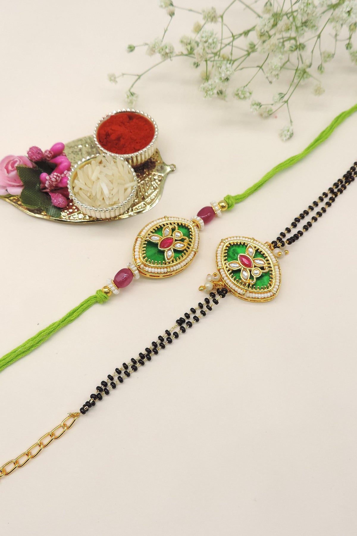 Kundan Maroon Enamel Pearl Bhaiya Bhabhi Rakhi Set