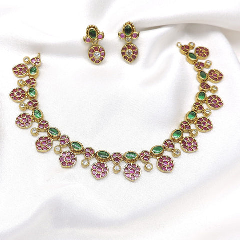 Pink green stone necklace set with matching earrings by Joyrias