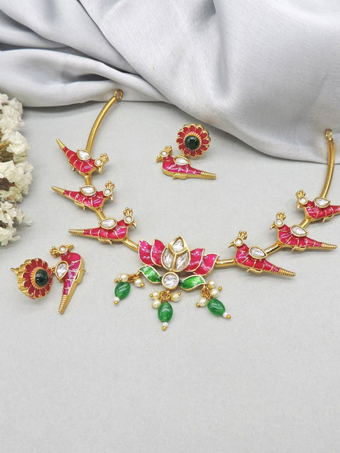Lotus and peacock enamel necklace set with earrings – Indian meenakari jewelry USA – Joyrias