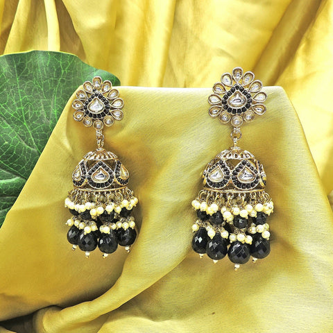 Kundan jhumka earrings with black beads – Indian Kundan black jhumka USA – Joyrias