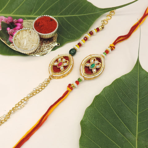 Kundan Maroon Enamel Pearl Bhaiya Bhabhi Rakhi Set