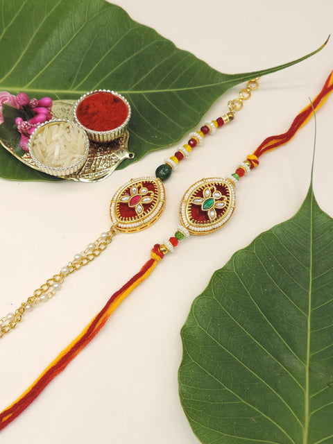 Kundan Maroon Enamel Pearl Bhaiya Bhabhi Rakhi Set