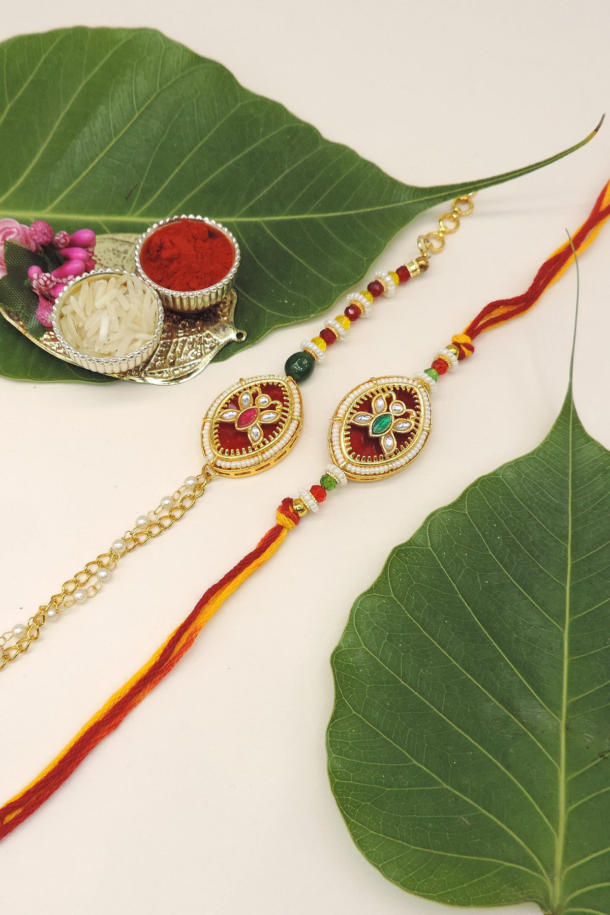 Kundan Maroon Enamel Pearl Bhaiya Bhabhi Rakhi Set