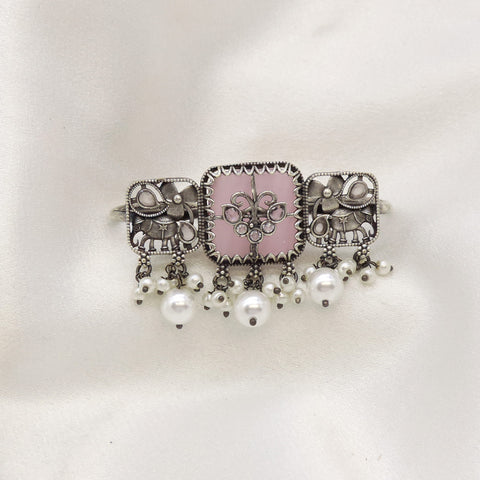 Oxidised elephant motif ring with pearl accents and traditional detailing from joyrias