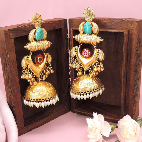 Traditional gold plated jhumka earrings with turquoise and red stone – Indian bridal jhumka USA – Joyrias