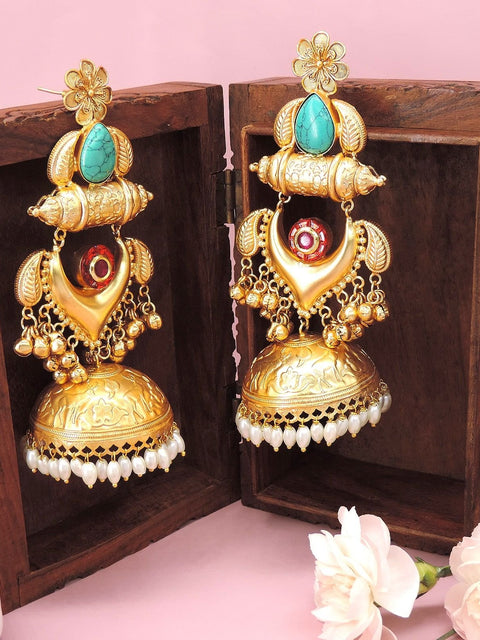 Traditional gold plated jhumka earrings with turquoise and red stone – Indian bridal jhumka USA – Joyrias