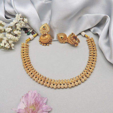 Antique gold plated traditional necklace set with jhumka earrings – Indian ethnic jewelry USA – Joyrias