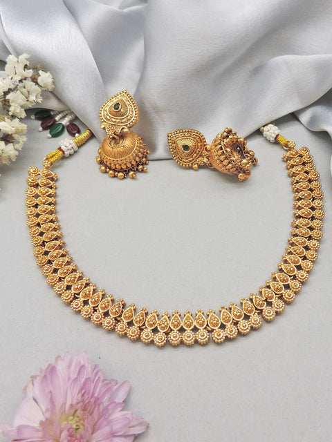 Antique gold plated traditional necklace set with jhumka earrings – Indian ethnic jewelry USA – Joyrias