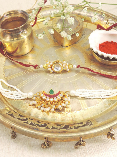 Kundan Pearl Bhaiya Bhabhi Rakhi Set by Joyrias