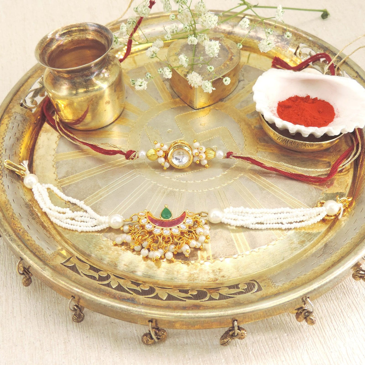 Kundan Pearl Bhaiya Bhabhi Rakhi Set by Joyrias