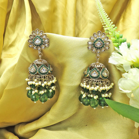 Kundan jhumka earrings with lime green beads – Indian Kundan green jhumka USA – Joyrias