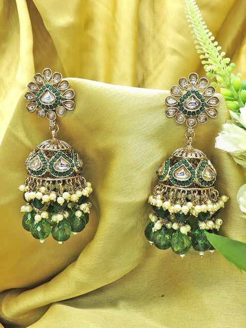 Kundan jhumka earrings with lime green beads – Indian Kundan green jhumka USA – Joyrias