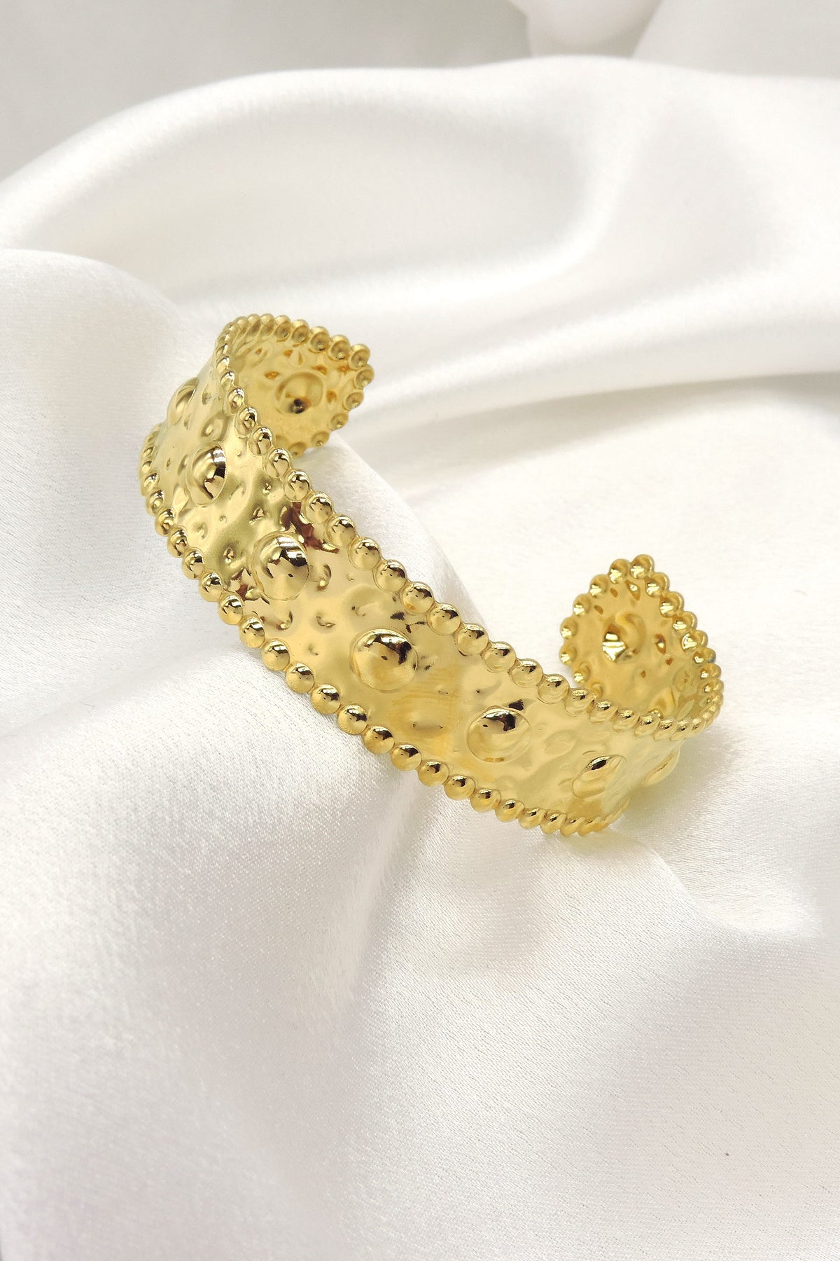 Beaded Hammered Gold Cuff Bracelet by Joyrias