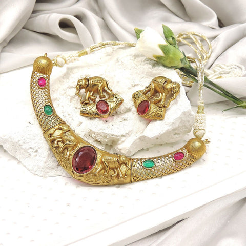 Antique elephant motif necklace set with ruby and emerald stones – Indian bridal jewelry USA – Joyrias