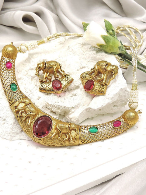 Antique elephant motif necklace set with ruby and emerald stones – Indian bridal jewelry USA – Joyrias