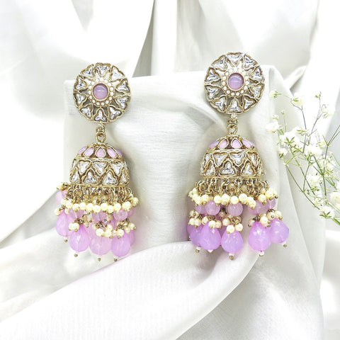 Kundan jhumka earrings with lavender beads – Indian Kundan lavender jhumka USA – Joyrias